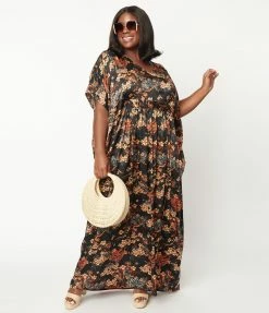 Unique Vintage Black & Beige Floral Burton Caftan Dress New Arrivals!