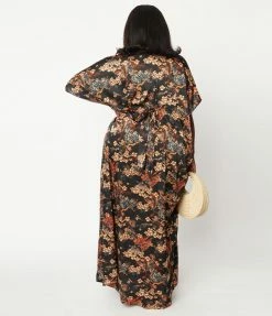 Unique Vintage Black & Beige Floral Burton Caftan Dress New Arrivals!
