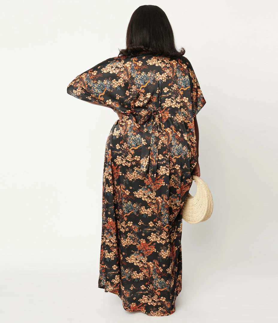 Unique Vintage Black & Beige Floral Burton Caftan Dress New Arrivals!