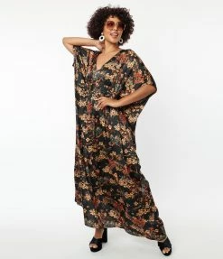 Unique Vintage Black & Beige Floral Burton Caftan Dress New Arrivals!