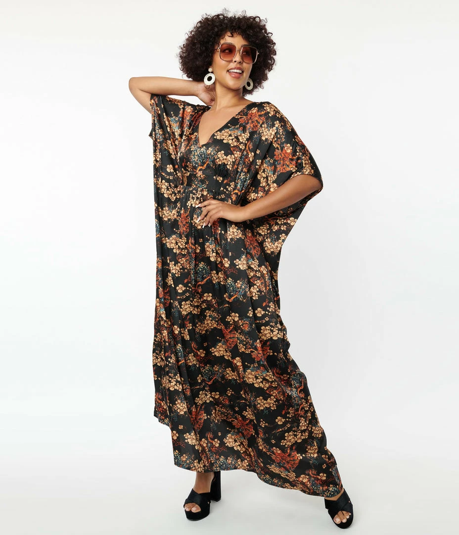 Unique Vintage Black & Beige Floral Burton Caftan Dress New Arrivals!