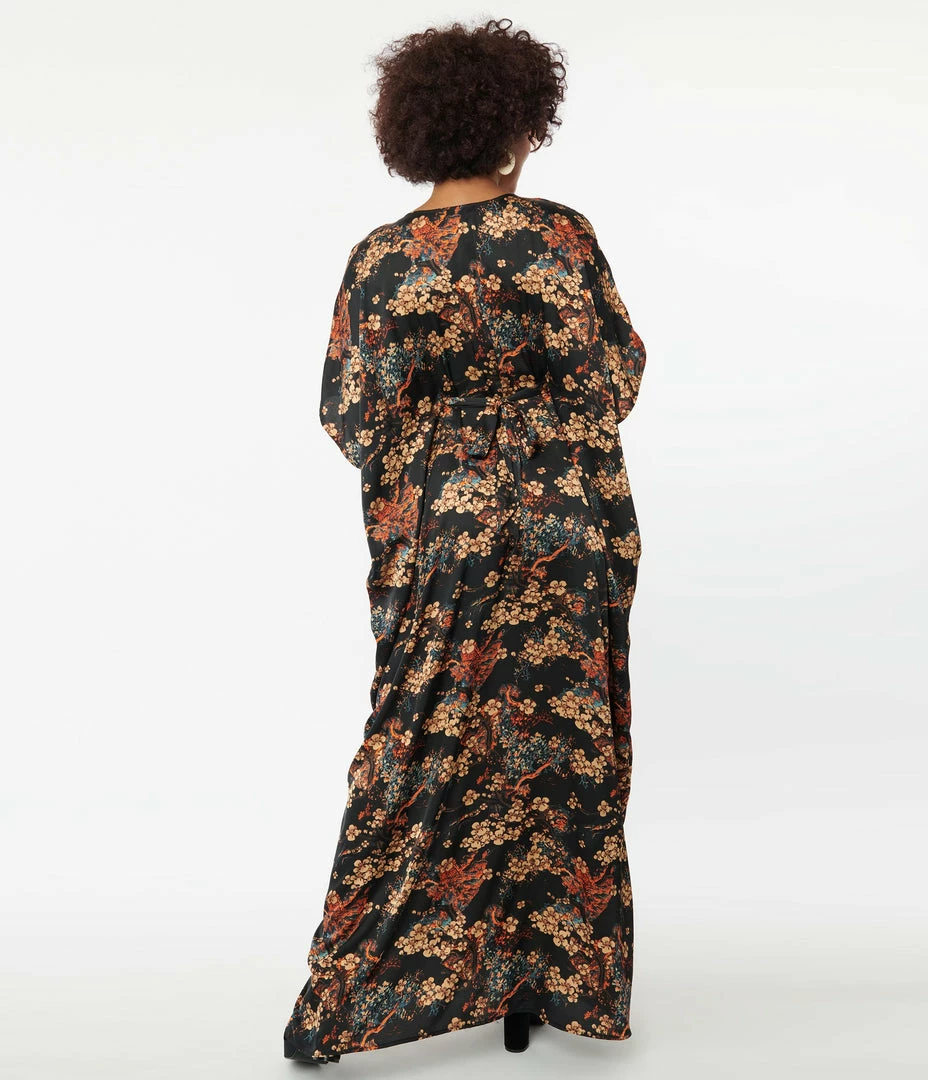Unique Vintage Black & Beige Floral Burton Caftan Dress New Arrivals!