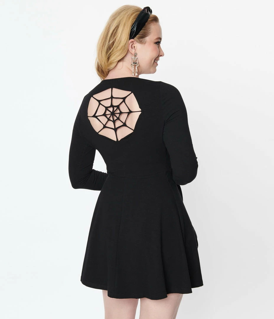 Sourpuss Black Spiderweb Cutout Flare Dress Sale