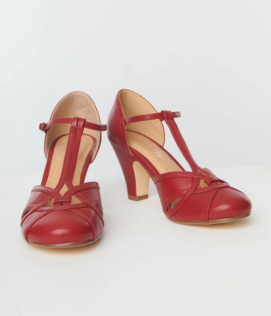 Demfon International (Chelsea Crew) Chelsea Crew Burgundy Woven Sandy T-Strap Pump Shoes