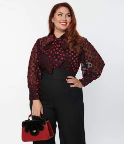 Clothing Unique Vintage Plus Size Black & Red Dot Sheer Gwen Blouse