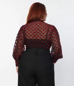 Clothing Unique Vintage Plus Size Black & Red Dot Sheer Gwen Blouse