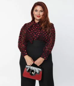 Clothing Unique Vintage Plus Size Black & Red Dot Sheer Gwen Blouse