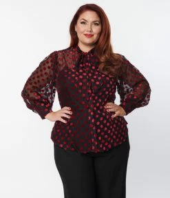 Clothing Unique Vintage Plus Size Black & Red Dot Sheer Gwen Blouse