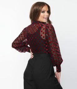 Unique Vintage Black & Red Dot Sheer Gwen Blouse