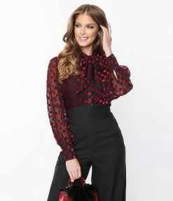 Unique Vintage Black & Red Dot Sheer Gwen Blouse