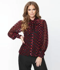 Unique Vintage Black & Red Dot Sheer Gwen Blouse