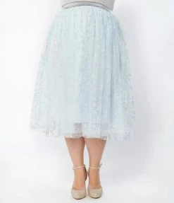 Clothing Unique Vintage Plus Size Blue & Silver Glitter Circles Pleated Hilty Skirt