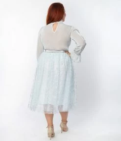 Clothing Unique Vintage Plus Size Blue & Silver Glitter Circles Pleated Hilty Skirt