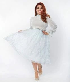 Clothing Unique Vintage Plus Size Blue & Silver Glitter Circles Pleated Hilty Skirt