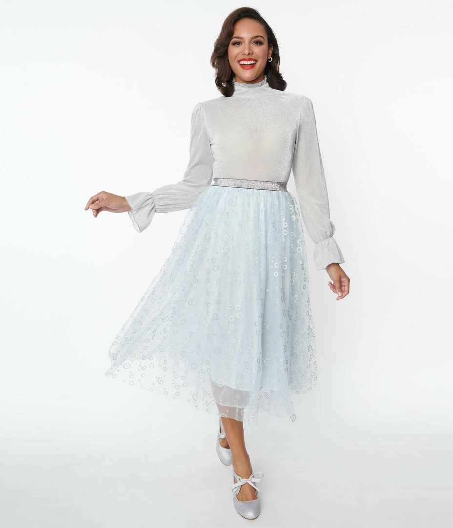 New Arrivals! Unique Vintage Blue & Silver Glitter Circles Pleated Hilty Skirt