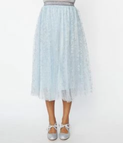 New Arrivals! Unique Vintage Blue & Silver Glitter Circles Pleated Hilty Skirt