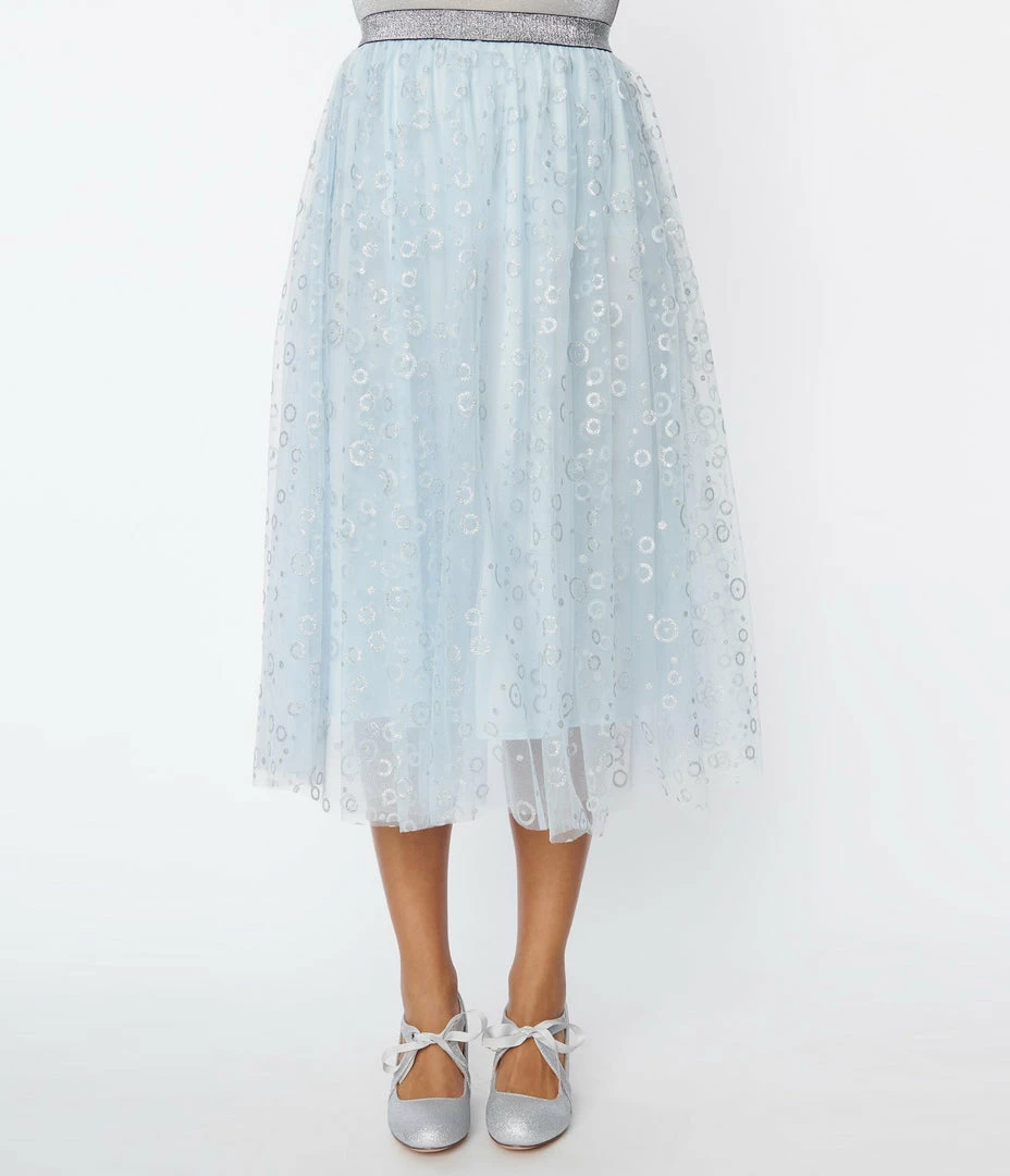 New Arrivals! Unique Vintage Blue & Silver Glitter Circles Pleated Hilty Skirt