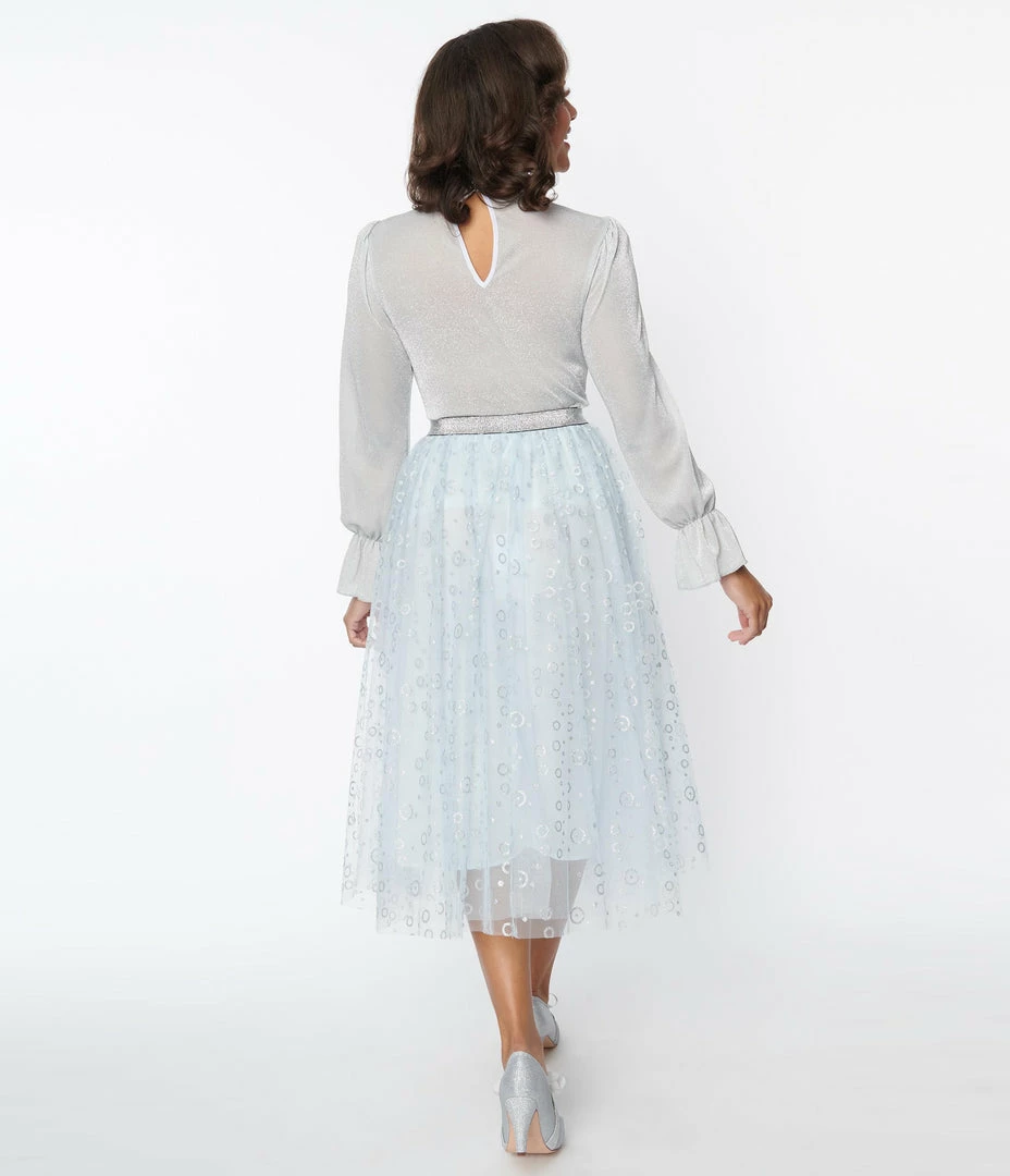 New Arrivals! Unique Vintage Blue & Silver Glitter Circles Pleated Hilty Skirt