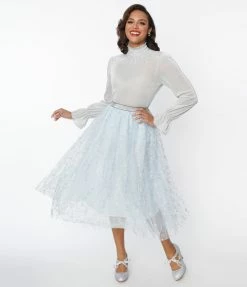 New Arrivals! Unique Vintage Blue & Silver Glitter Circles Pleated Hilty Skirt