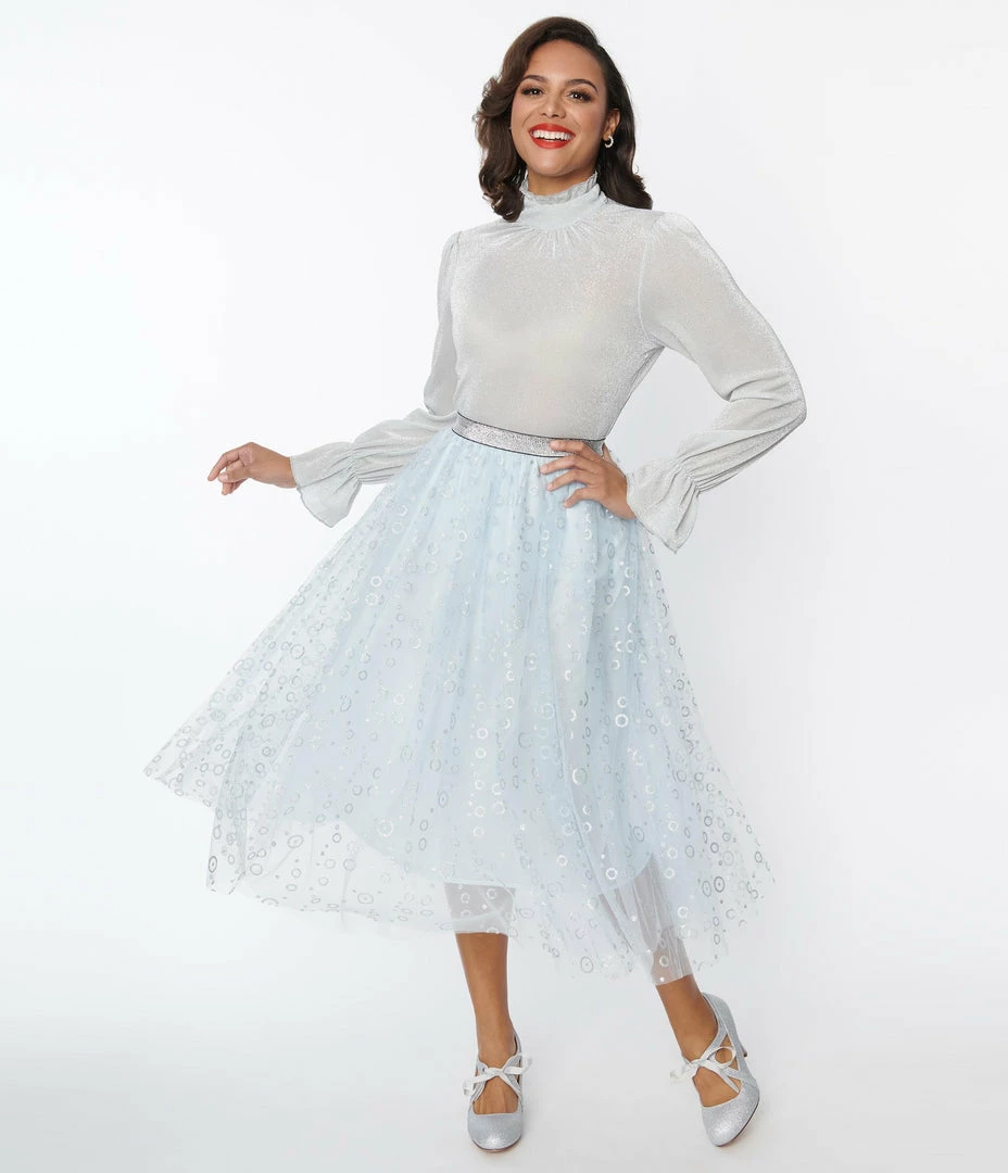 New Arrivals! Unique Vintage Blue & Silver Glitter Circles Pleated Hilty Skirt