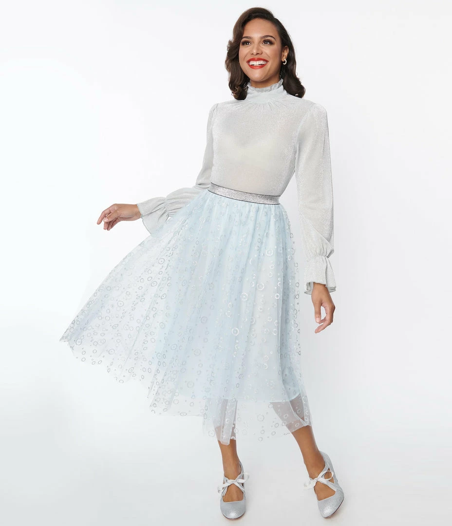 New Arrivals! Unique Vintage Blue & Silver Glitter Circles Pleated Hilty Skirt