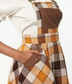 Trending Unique Vintage Brown & Orange Plaid Brionne Pinafore Skirt