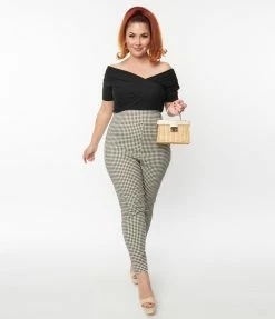Unique Vintage Plus Size Ivory & Black Gingham Rizzo Cigarette Pants