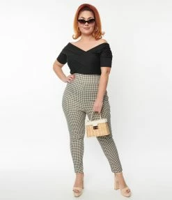 Unique Vintage Plus Size Ivory & Black Gingham Rizzo Cigarette Pants
