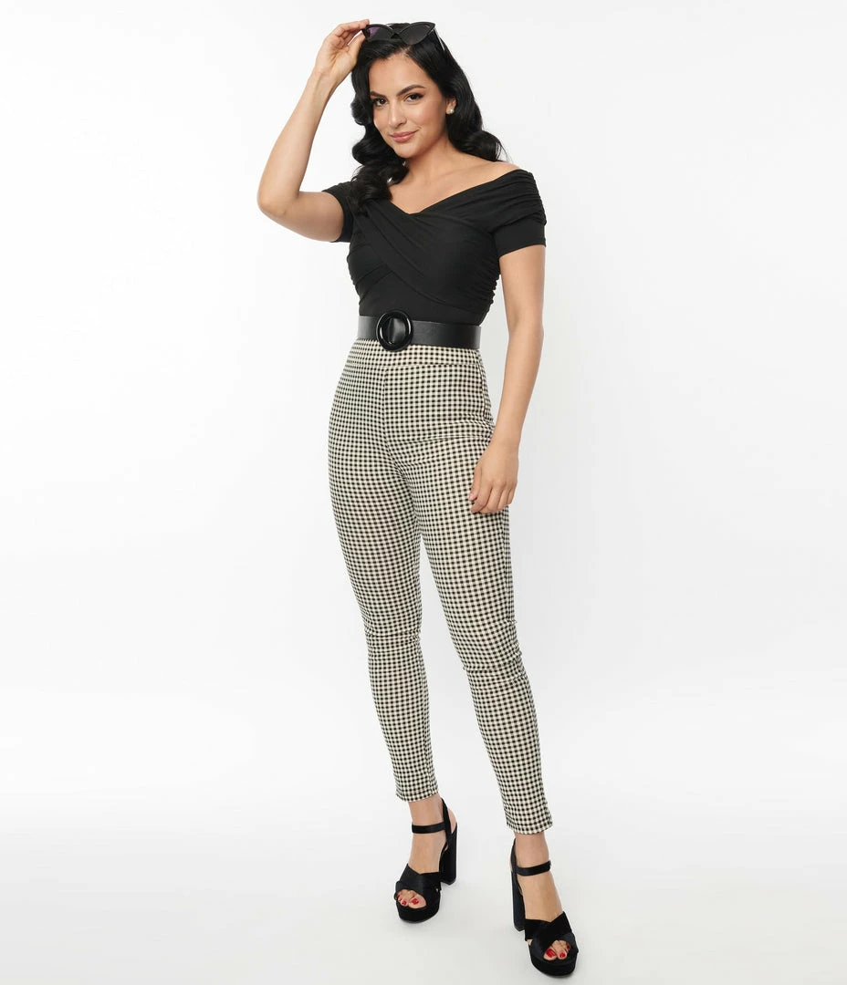 Unique Vintage Ivory & Black Gingham Rizzo Cigarette Pants