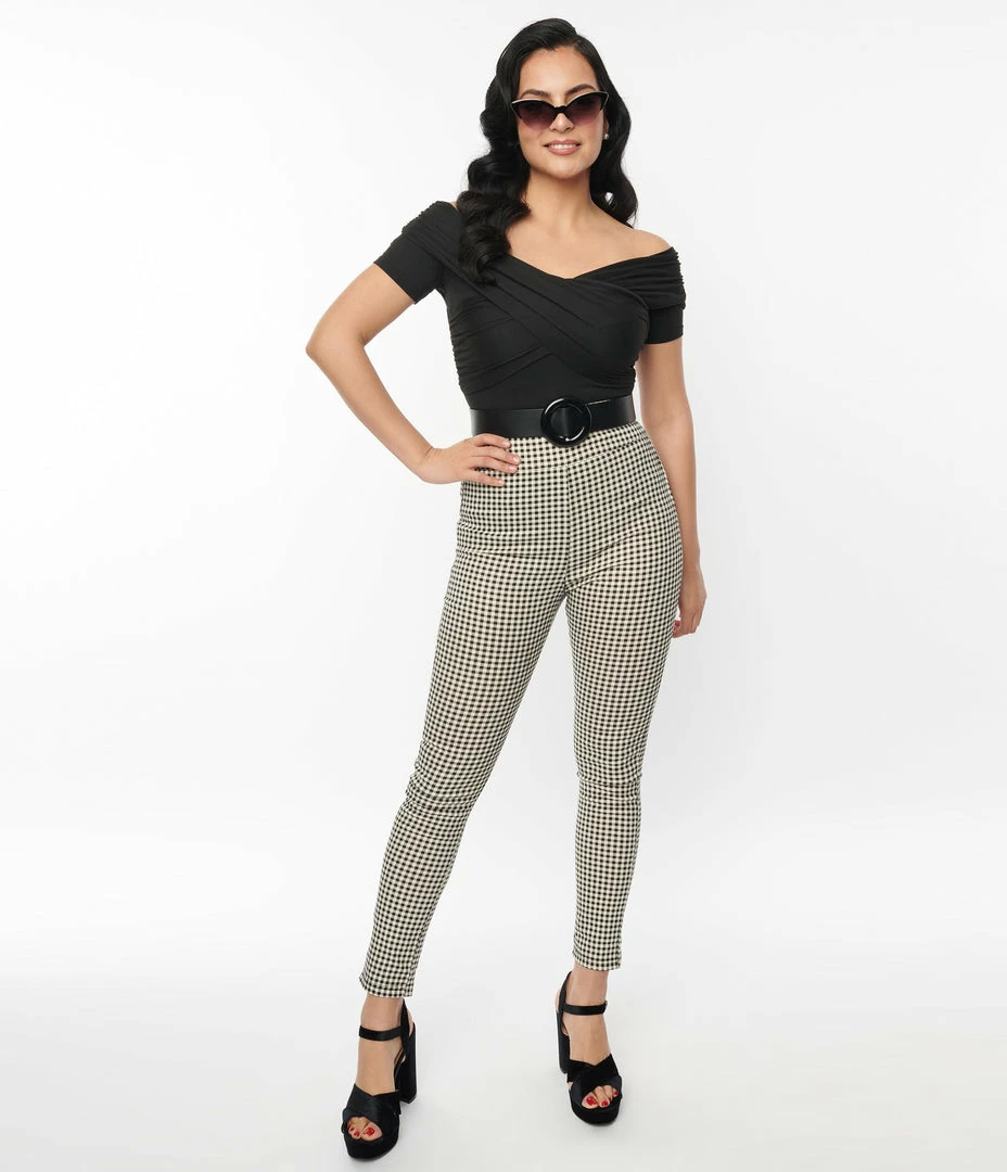 Unique Vintage Ivory & Black Gingham Rizzo Cigarette Pants