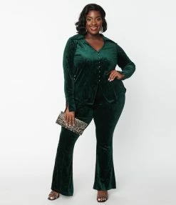 Unique Vintage Plus Size Emerald Peacock Velvet Flare Pants New Arrivals!