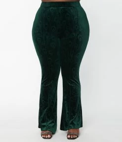 Unique Vintage Plus Size Emerald Peacock Velvet Flare Pants New Arrivals!