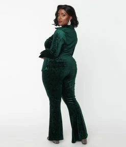 Unique Vintage Plus Size Emerald Peacock Velvet Flare Pants New Arrivals!