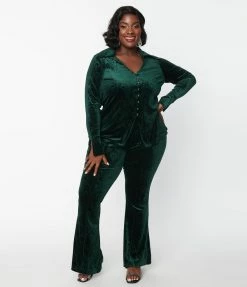 Unique Vintage Plus Size Emerald Peacock Velvet Flare Pants New Arrivals!