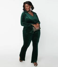 Unique Vintage Plus Size Emerald Peacock Velvet Flare Pants New Arrivals!