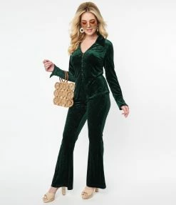 New Arrivals! Unique Vintage Emerald Peacock Velvet Flare Pants