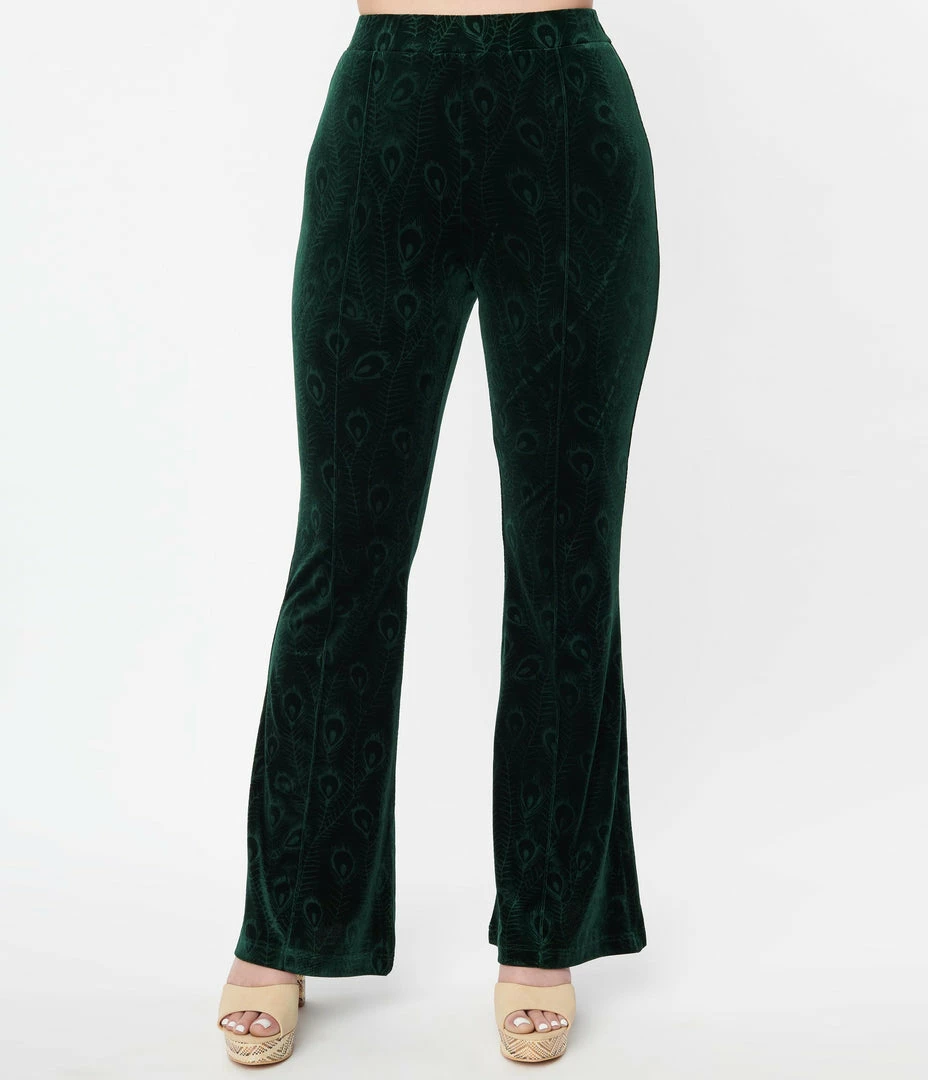 New Arrivals! Unique Vintage Emerald Peacock Velvet Flare Pants