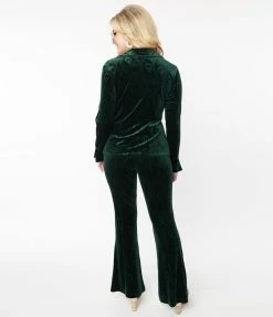 New Arrivals! Unique Vintage Emerald Peacock Velvet Flare Pants