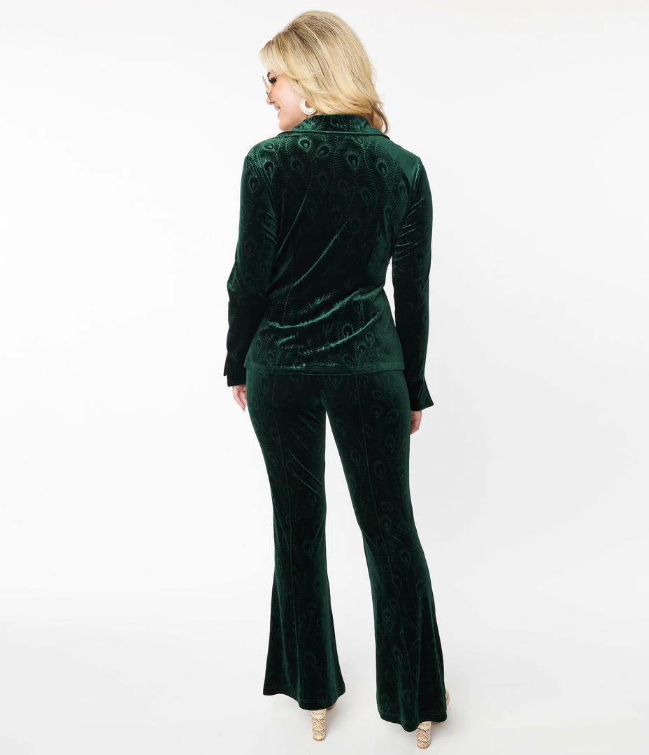 New Arrivals! Unique Vintage Emerald Peacock Velvet Flare Pants
