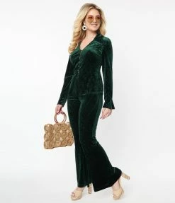 New Arrivals! Unique Vintage Emerald Peacock Velvet Flare Pants