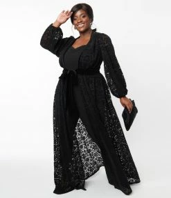 Unique Vintage Plus Size Black Black Flocked Lace Hollywood Duster New Arrivals!