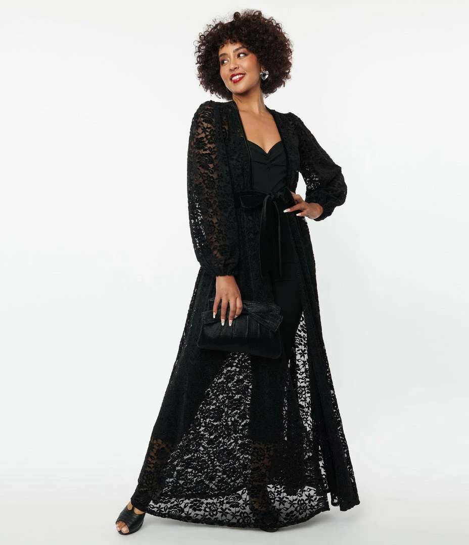 Unique Vintage Black Flocked Lace Hollywood Duster New Arrivals!