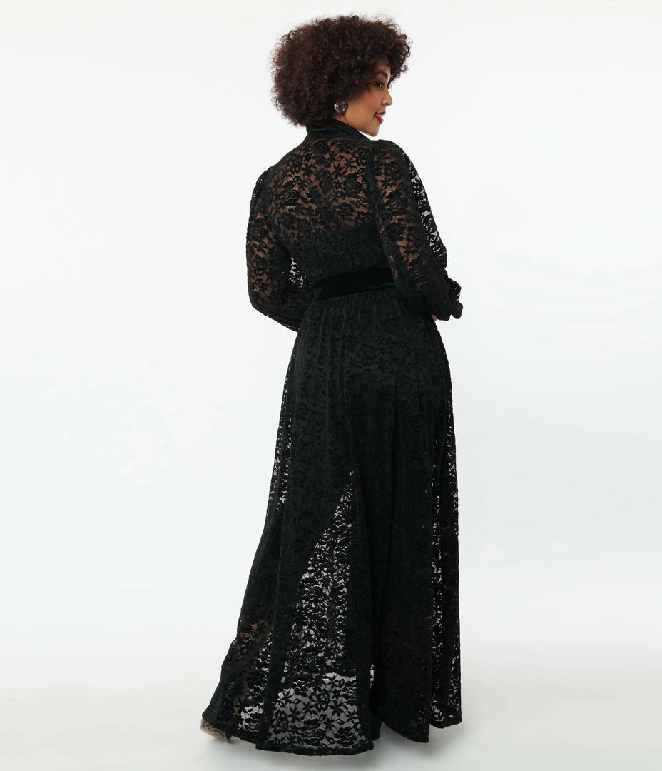 Unique Vintage Black Flocked Lace Hollywood Duster New Arrivals!