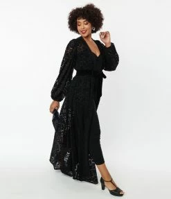 Unique Vintage Black Flocked Lace Hollywood Duster New Arrivals!