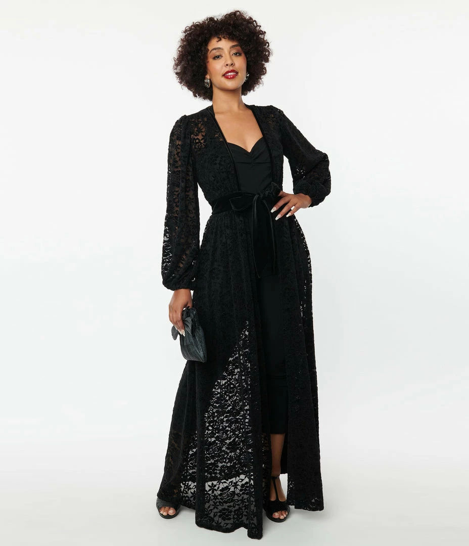 Unique Vintage Black Flocked Lace Hollywood Duster New Arrivals!