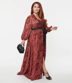 Unique Vintage Plus Size Burgundy Burnout Rose Hollywood Duster Trending