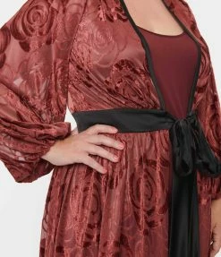 Unique Vintage Plus Size Burgundy Burnout Rose Hollywood Duster Trending