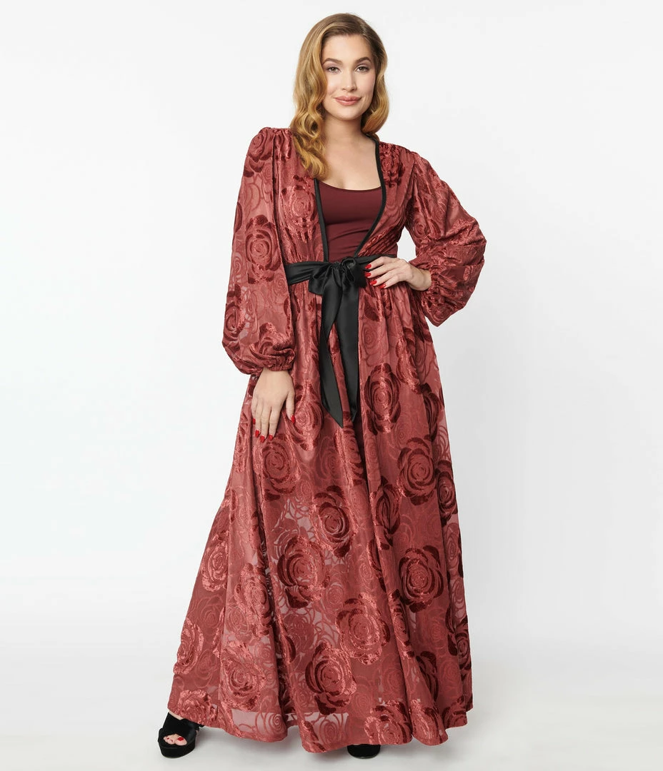 Unique Vintage Burgundy Burnout Rose Hollywood Duster Trending