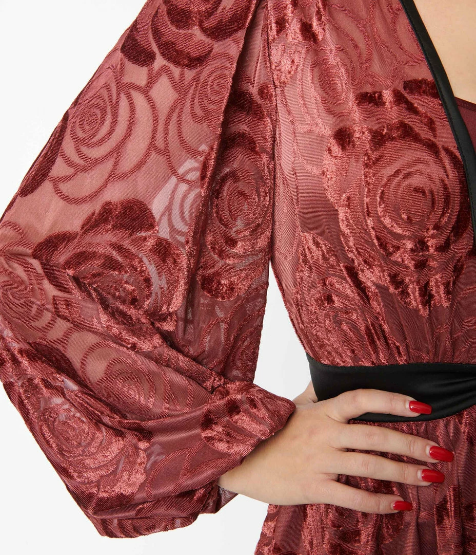 Unique Vintage Burgundy Burnout Rose Hollywood Duster Trending