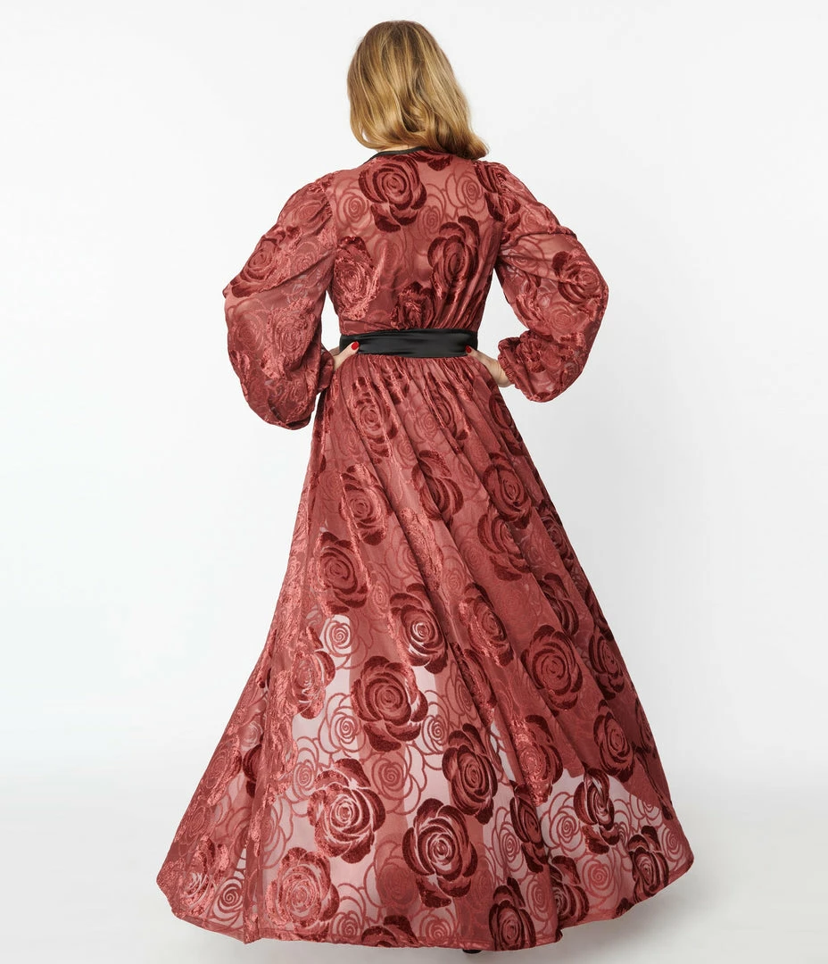 Unique Vintage Burgundy Burnout Rose Hollywood Duster Trending